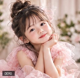 น้องมาลีนั่งเท้าคางท่ามกลางดอกไม้สีอ่อน
