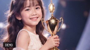 น้องเฟิร์นถือถ้วยรางวัลบนเวที